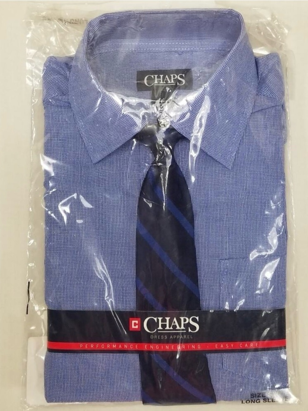 Chaps Kids Dress Shirt With Easy-Clip Tie Sz XS/6-7 Blue Long Sleeve Stretch New